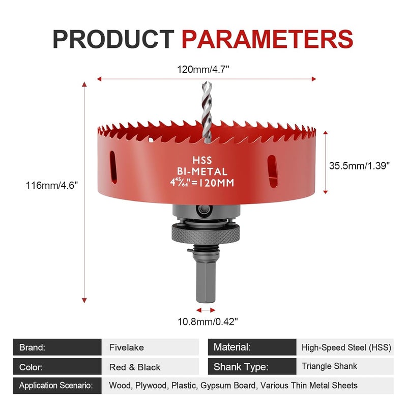FIVELAKE 4-3/4" (120mm) Bi-Metal M42 High Speed Steel Hole Saw with Pilot Drill Bit, Smooth Cutting Edge for PVC, Drywall, Wood, Plastic, Gypsum Board, Rubber, Thin Metal - Image 4